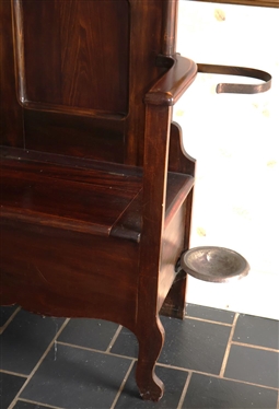 Attractive Mahogany Hall Tree with Beveled Mirror -Nice Bronze Hooks with Bronze Umbrella Holder on Right Side - Lift Top Seat - Paneled Back - 77 Tall 33 Tall with  Umbrella Holder - Arms are...