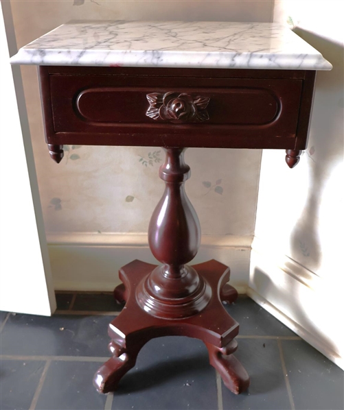 Contemporary Mahogany Finish Marble Top Table with Carved Floral Drawer Pull - Dovetailed Drawer - White Marble Top - 28" Tall 18" by 14" 