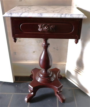 Contemporary Mahogany Finish Marble Top Table with Carved Floral Drawer Pull - Dovetailed Drawer - White Marble Top - 28" Tall 18" by 14" 