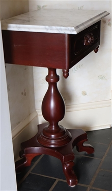 Contemporary Mahogany Finish Marble Top Table with Carved Floral Drawer Pull - Dovetailed Drawer - White Marble Top - 28 Tall 18 by 14 