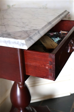 Contemporary Mahogany Finish Marble Top Table with Carved Floral Drawer Pull - Dovetailed Drawer - White Marble Top - 28 Tall 18 by 14 