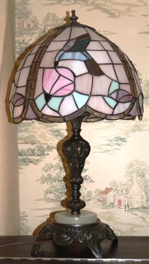 Leaded Glass Lamp with Fancy Lamp Base - Hummingbird and Flower Leaded Glass Shade - Lamp is 22" Tall 
