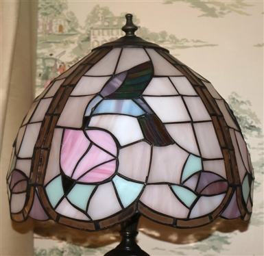 Leaded Glass Lamp with Fancy Lamp Base - Hummingbird and Flower Leaded Glass Shade - Lamp is 22 Tall 