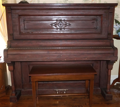 Shaw Piano Company Erie Penna Upright Piano -Pretty Mahogany Case with Flower and Scrolling  - All Keys Function - with Piano Bench 