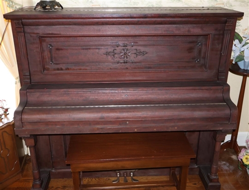 Shaw Piano Company Erie Penna Upright Piano -Pretty Mahogany Case with Flower and Scrolling  - All Keys Function - with Piano Bench 