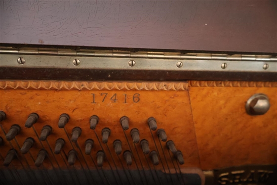 Shaw Piano Company Erie Penna Upright Piano -Pretty Mahogany Case with Flower and Scrolling  - All Keys Function - with Piano Bench 