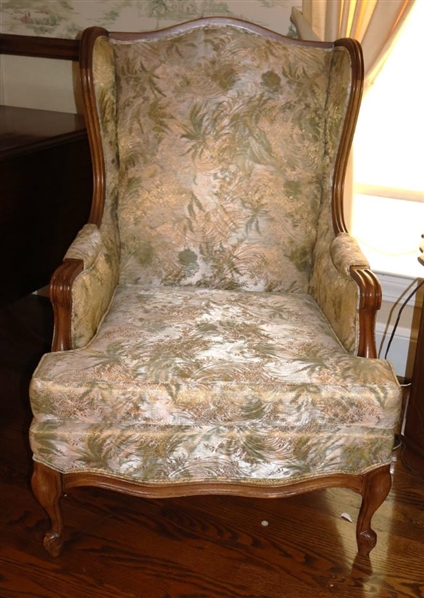 Vintage Crestwood Furniture Company - High Point NC French Style Wing Back Arm Chair - Wood Frame - Attractive Yellow and Green Upholstery - 40" Tall 27 1/2 Wide 
