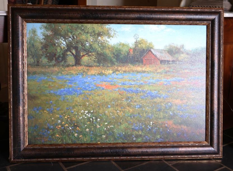 Contemporary Large Textured Print of Texas Blue Bells Original Art by Evelyn Harvey - Framed - Art is 24" by 36" 