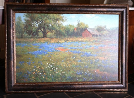 Contemporary Large Textured Print of Texas Blue Bells Original Art by Evelyn Harvey - Framed - Art is 24" by 36" 