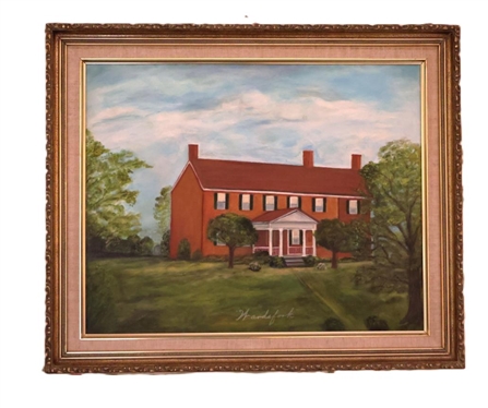 Original Oil on Board Painting of "Wardsfork" Federal Style Brick Home - Framed - Frame is 18 5/8" by 24" 