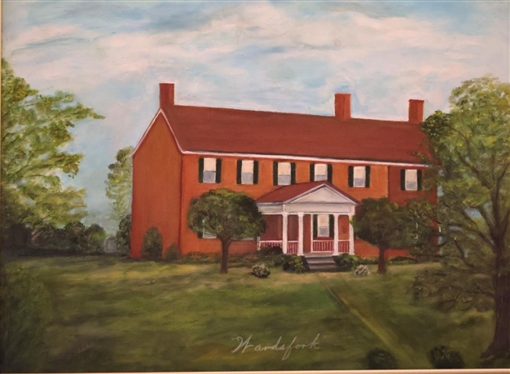 Original Oil on Board Painting of Wardsfork Federal Style Brick Home - Framed - Frame is 18 5/8 by 24 