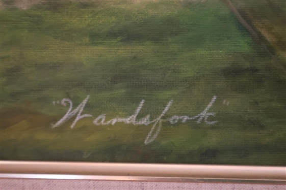 Original Oil on Board Painting of Wardsfork Federal Style Brick Home - Framed - Frame is 18 5/8 by 24 