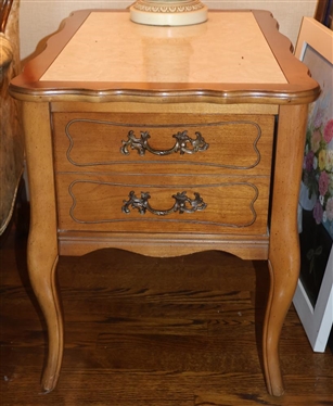 Vintage End Table with Drawer - Stone Inset Top - Scalloped Edges - Table is 22" Tall 19" by 28" 