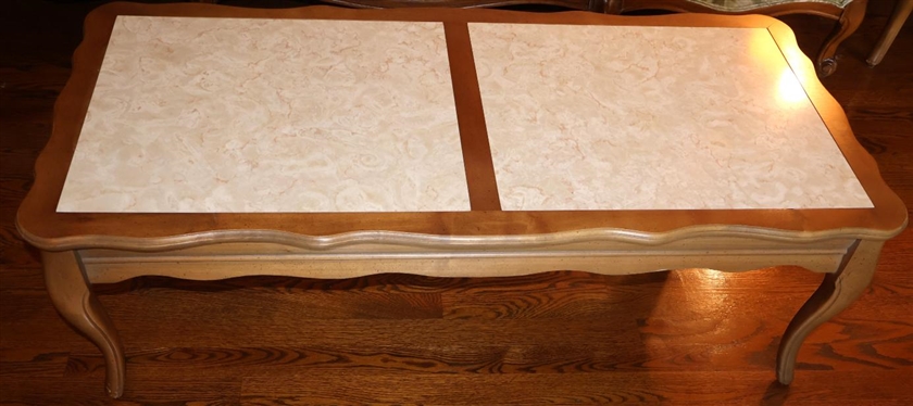 Vintage Coffee / Cocktail Table with Stone Inset Top - Scalloped Edges - 15 Tall 46 by 21 