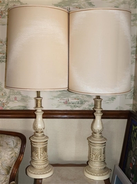 Pair of Attractive Vintage Chalkware Table Lamps - Column Style with Cylinder Shades - Each Lamp is 40 1/2" Tall