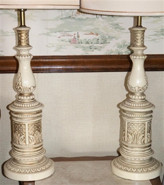 Pair of Attractive Vintage Chalkware Table Lamps - Column Style with Cylinder Shades - Each Lamp is 40 1/2 Tall