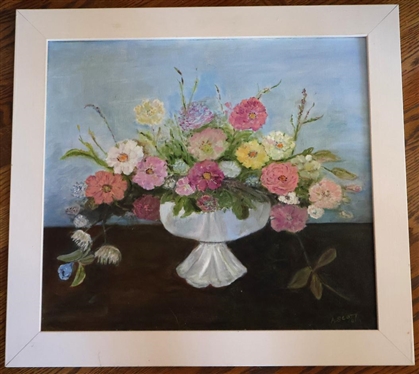 A. Scott Still Life Painting On Board - Dated 01 - Beautiful Urn of Flowers in White Frame - Frame is 21 1/2" By 23 1/2"