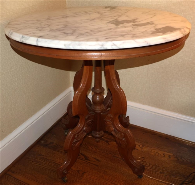 Oval Walnut Victorian Marble Top Table - Attractive 4 Leg Base - 29" Tall 29" by 24" 