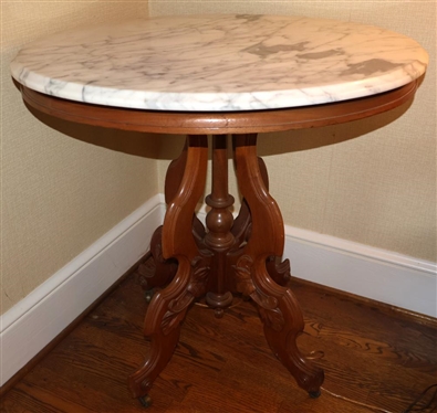 Oval Walnut Victorian Marble Top Table - Attractive 4 Leg Base - 29" Tall 29" by 24" 