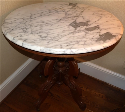 Oval Walnut Victorian Marble Top Table - Attractive 4 Leg Base - 29 Tall 29 by 24 