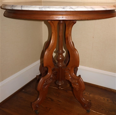Oval Walnut Victorian Marble Top Table - Attractive 4 Leg Base - 29 Tall 29 by 24 