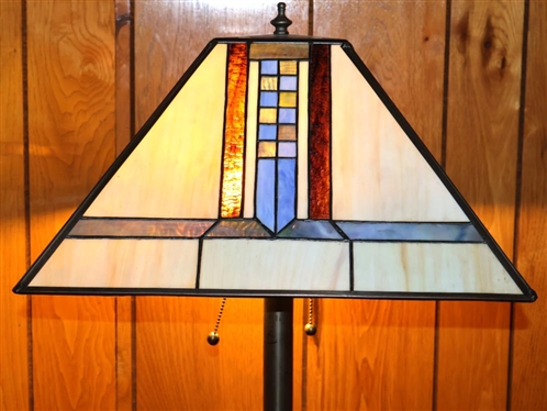 Leaded Glass Floor Lamp - Arts and Crafts Style - Antiqued Brass Base - 2 Light - 62 Tall 