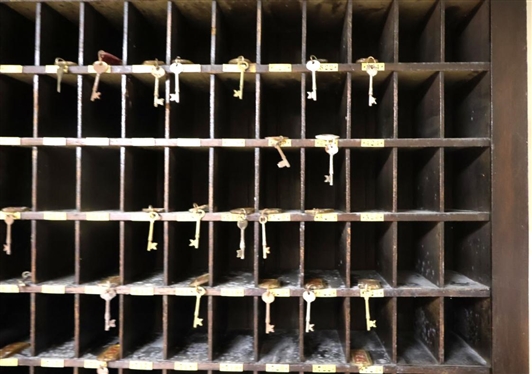 Leeland Hotel - Danville, VA - Key Sorter Cabinet / Cupboard - Top with 208 3 by 5 Key / Main Cubbies and 13 5by 6 Cubbies - Base with 3 Double Door Cabinets - Shelves Inside - Cubbies Have...