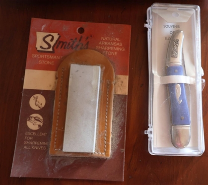 Floridia Souvenir Knife, Smith Sportsman's Stone, and Lansky Knife Sharpener Kit - All New in Packages