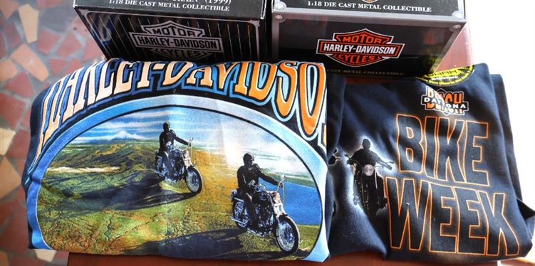 12 Harley Davidson Die Cast 1:18 Scale Motorcycle Collectibles - New in Original Boxes and 2 T-Shirts - Harley Davidson and Bike Week 2020 - Glow in The Dark - Both Small 