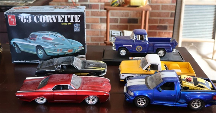 AMT 63 Corvette Sting Ray Model Kit and 5 Die Cast Modl Cars & Trucks - DUB City 1963 Thunderbird, 1972 Chevy Truck, 1969 Mustang, 1955 Chevy, and 1999 Ford F-150 Lightening 