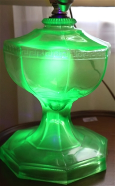 Green Uranium Glass Roman Key Oil Lamp - Electrified But Not Drilled - Attractive Oriental Finial - Lamp is 9 1/2 Tall to Burner 
