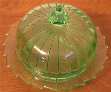 Jennette Green Depression Uranium Glass Sierra Pinwheel Round Butter Dish 