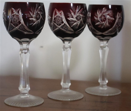 Beautiful Ruby Red Bohemian Cut To Clear Cordial Set - Decanter with 6 Cordials 