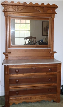 Turn of The Century Walnut  Victorian Marble Top Dresser with Mirror - 3 Cove and Pin Dovetailed Drawers - Fancy Eastlake Pediment - Measures 74 Tall 41 By 17 