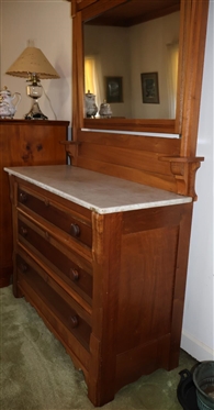 Turn of The Century Walnut  Victorian Marble Top Dresser with Mirror - 3 Cove and Pin Dovetailed Drawers - Fancy Eastlake Pediment - Measures 74 Tall 41 By 17 