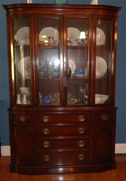 Drexel Mahogany China Cabinet with Bowed Glass Ends - Rounded Front - Adjustable Wood Shelves - Bottom with Dovetailed Drawers and Rounded Cabinet Doors - Cabinet is 72" Tall 48" Wide by 14" Deep -...