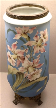 Beautiful Large Wave Crest / Mount Washington Brass Mounted Vase - Beautiful Hand Painted Iris Flowers on blue Blackground -Elegant Brass Feet - Vase is 12 1/2 Tall - Handles Have Been Removed and...