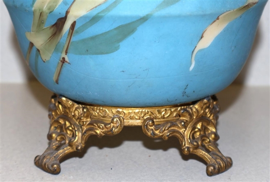 Beautiful Large Wave Crest / Mount Washington Brass Mounted Vase - Beautiful Hand Painted Iris Flowers on blue Blackground -Elegant Brass Feet - Vase is 12 1/2 Tall - Handles Have Been Removed and...