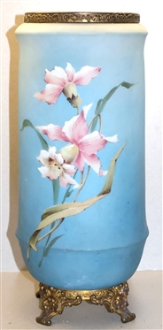 Beautiful Large Wave Crest / Mount Washington Brass Mounted Vase - Beautiful Hand Painted Iris Flowers on blue Blackground -Elegant Brass Feet - Vase is 12 1/2 Tall - Handles Have Been Removed and...