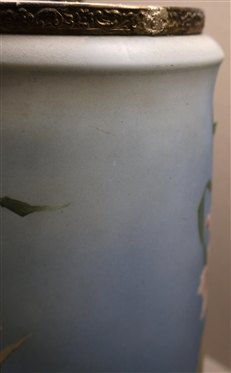 Beautiful Large Wave Crest / Mount Washington Brass Mounted Vase - Beautiful Hand Painted Iris Flowers on blue Blackground -Elegant Brass Feet - Vase is 12 1/2 Tall - Handles Have Been Removed and...