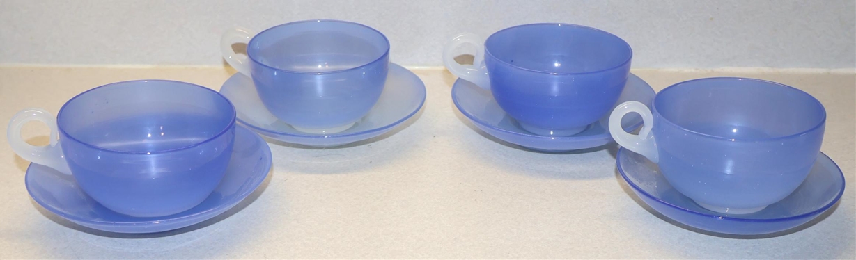 4 Effetre Murano Glass Cup and Saucer Sets - Periwinkle Blue with Clear Applied Handles - Gound and Polished Bottoms  
