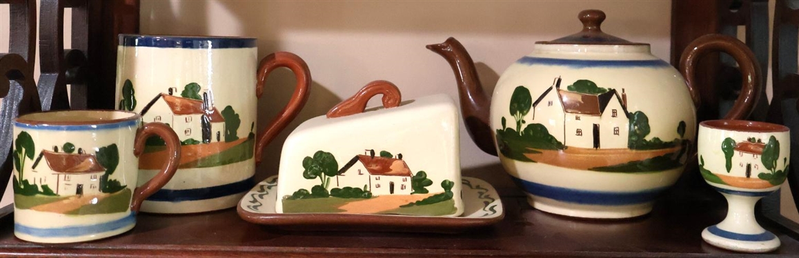 Collection of Larger Pieces of Devon Motto Ware English Pottery - Tea Pot, Large Mug, Smaller Cup, Egg Coddler, and  Cheese Dish- Tea Pot Has Thin Hairline - Large Mug is 4 1/2" Tall 