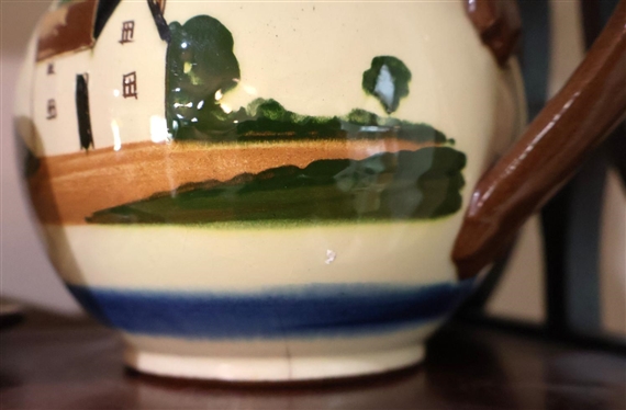 Collection of Larger Pieces of Devon Motto Ware English Pottery - Tea Pot, Large Mug, Smaller Cup, Egg Coddler, and  Cheese Dish- Tea Pot Has Thin Hairline - Large Mug is 4 1/2 Tall 
