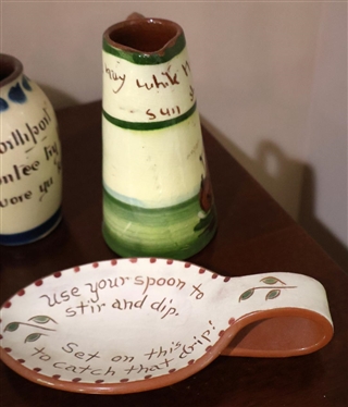 5 Pieces of Devon Motto Ware English Pottery - Spoon Rest, Miniature Vase, Creamer and Pitcher - Largest Piece is 5 Tall 
