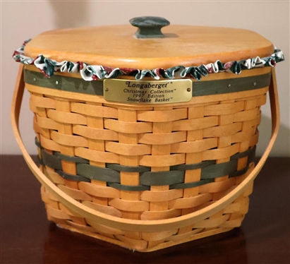 Longaberger Christmas Collection 1997 Edition Snowflake Basket Hexagon Shaped with Divided Plastic Insert and Cloth Liner - Basket is 7 1/2 Tall 10 Across