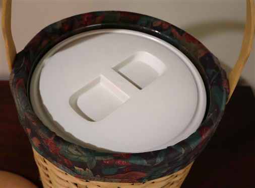 Longaberger Ice Bucket Basket - Handmade Longaberger Basket with Plastic Insulated Ice Bucket Insert - Plastic Lid and Wood Top - Longaberger Cloth Liner - Basket is 9 Tall 9 Across