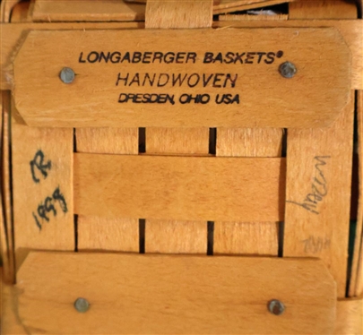 3 Longaberger Baskets - Round Basket Pail with Metal Handle - Pumpkin Liner and Tag, Small Coffee Basket with Leather Handle, and Other Half Basket - Both Smaller Baskets Have Matching Liners -...