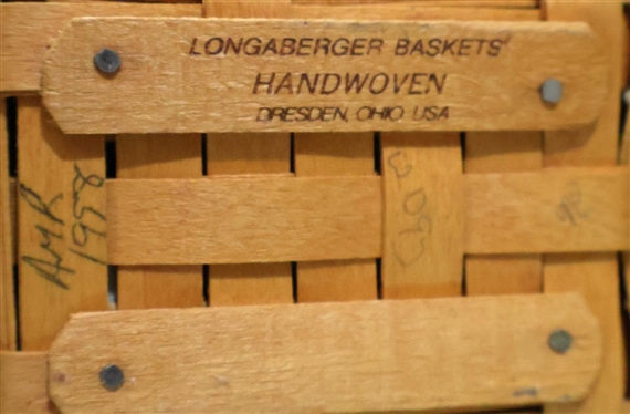 3 Longaberger Baskets - Round Basket Pail with Metal Handle - Pumpkin Liner and Tag, Small Coffee Basket with Leather Handle, and Other Half Basket - Both Smaller Baskets Have Matching Liners -...