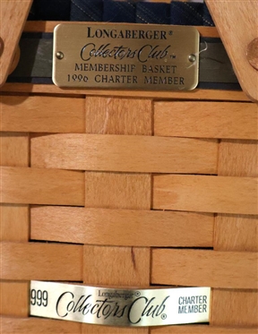 3 Longaberger Baskets - Collector's Club Membership Basket 1996 Charter member with Brass Tags, Plastic, and Fabric Liners, Tissue Basket with Wood Lid and Ceramic Tag, and Small Oval Basket 