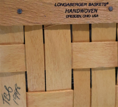 3 Longaberger Baskets - Collector's Club Membership Basket 1996 Charter member with Brass Tags, Plastic, and Fabric Liners, Tissue Basket with Wood Lid and Ceramic Tag, and Small Oval Basket 